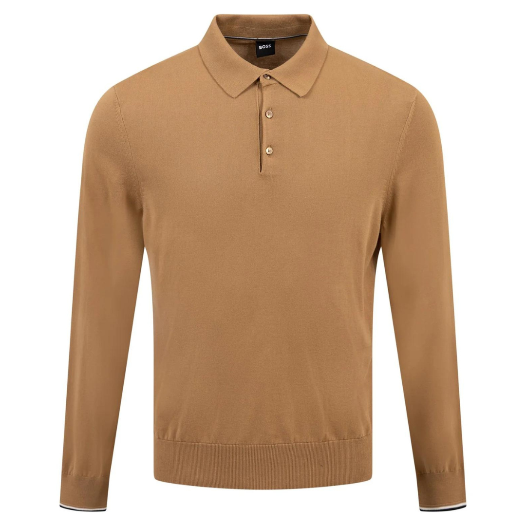 BOSS Gemello-P Knitted LS Polo in Medium Beige