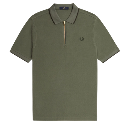 Fred Perry Crepe Zip Neck Polo in Laurel Wreath Green