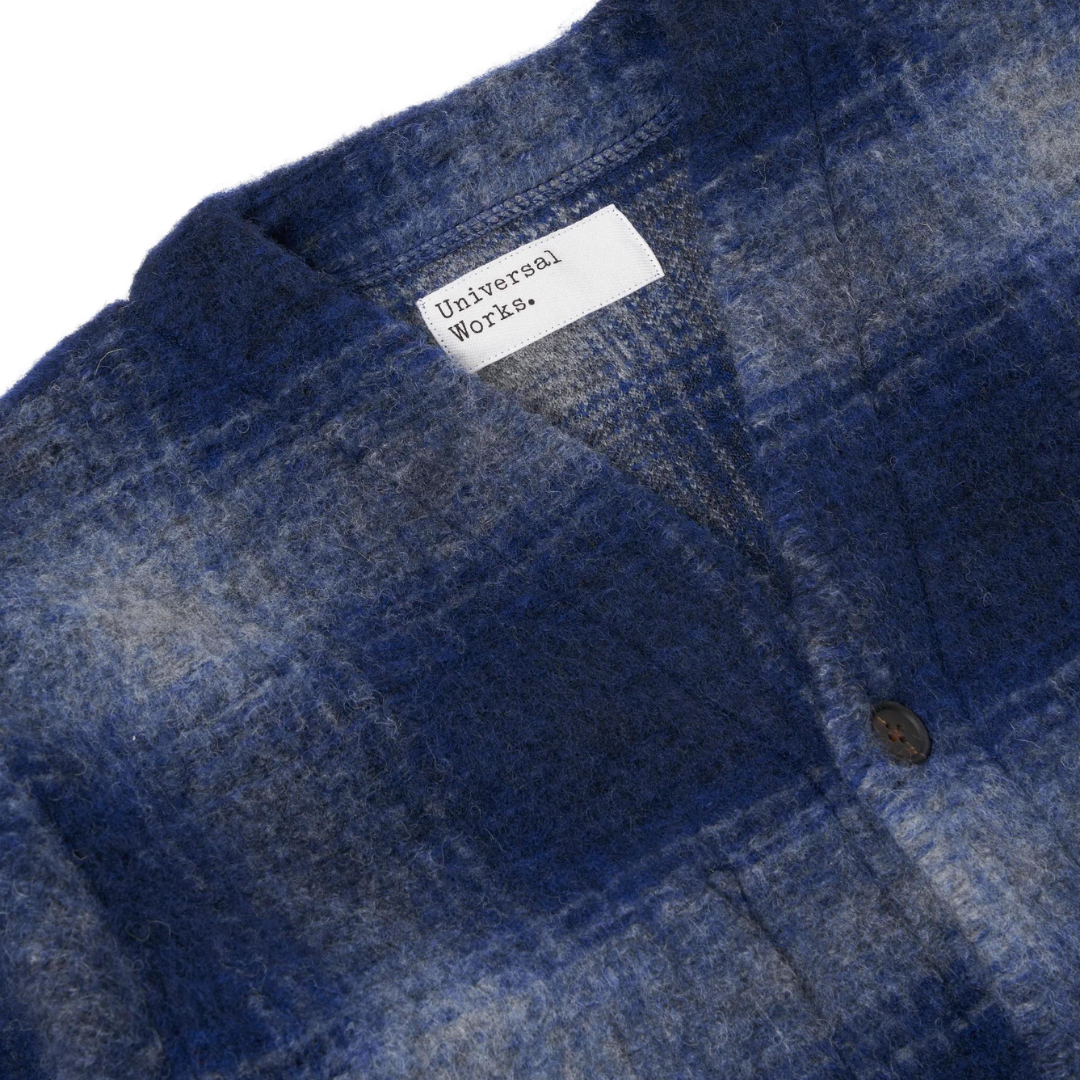 Universal Works Checked Cardigan in Navy